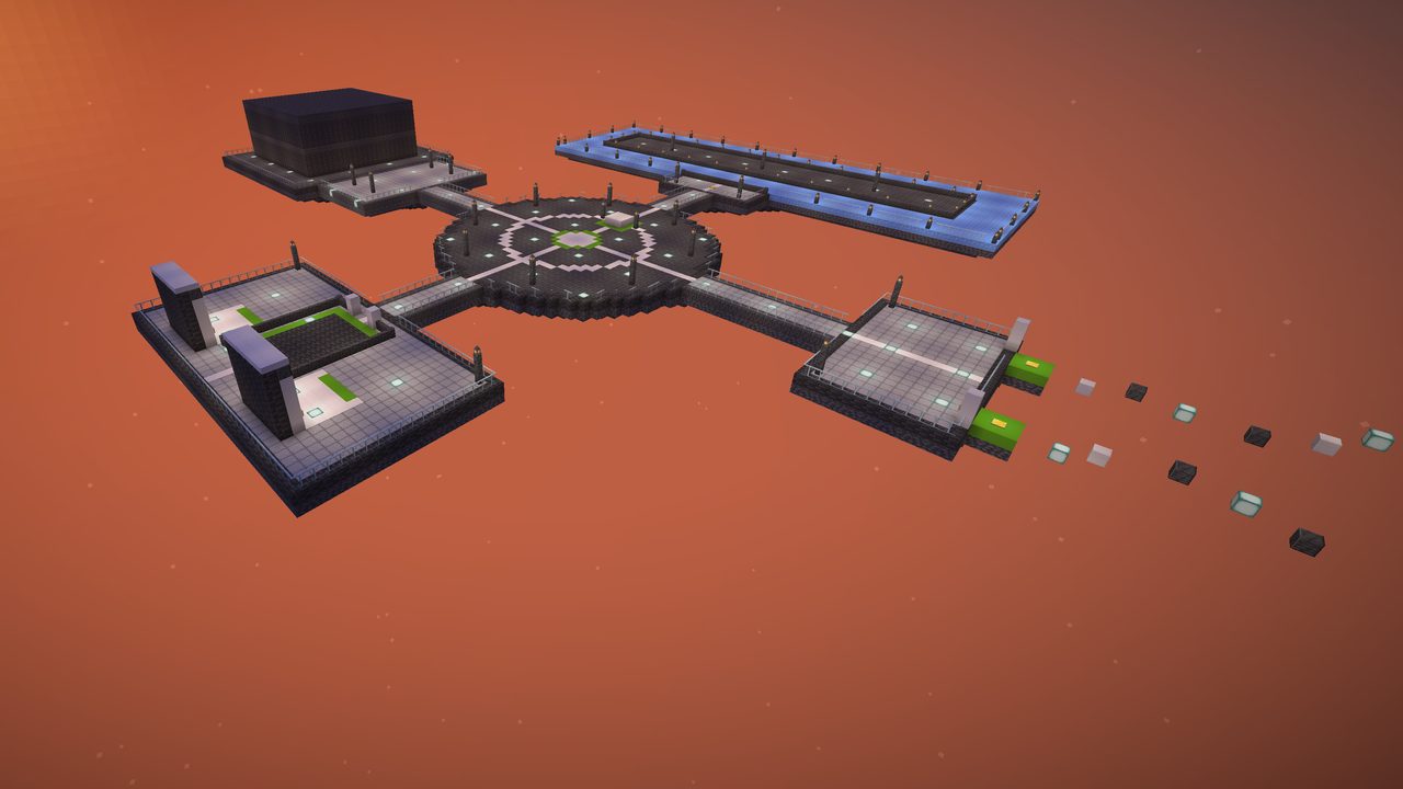 In game: the hub floating in the sky at sunset, a round plaza with paths to the race track, the parkour course and the activity areas.