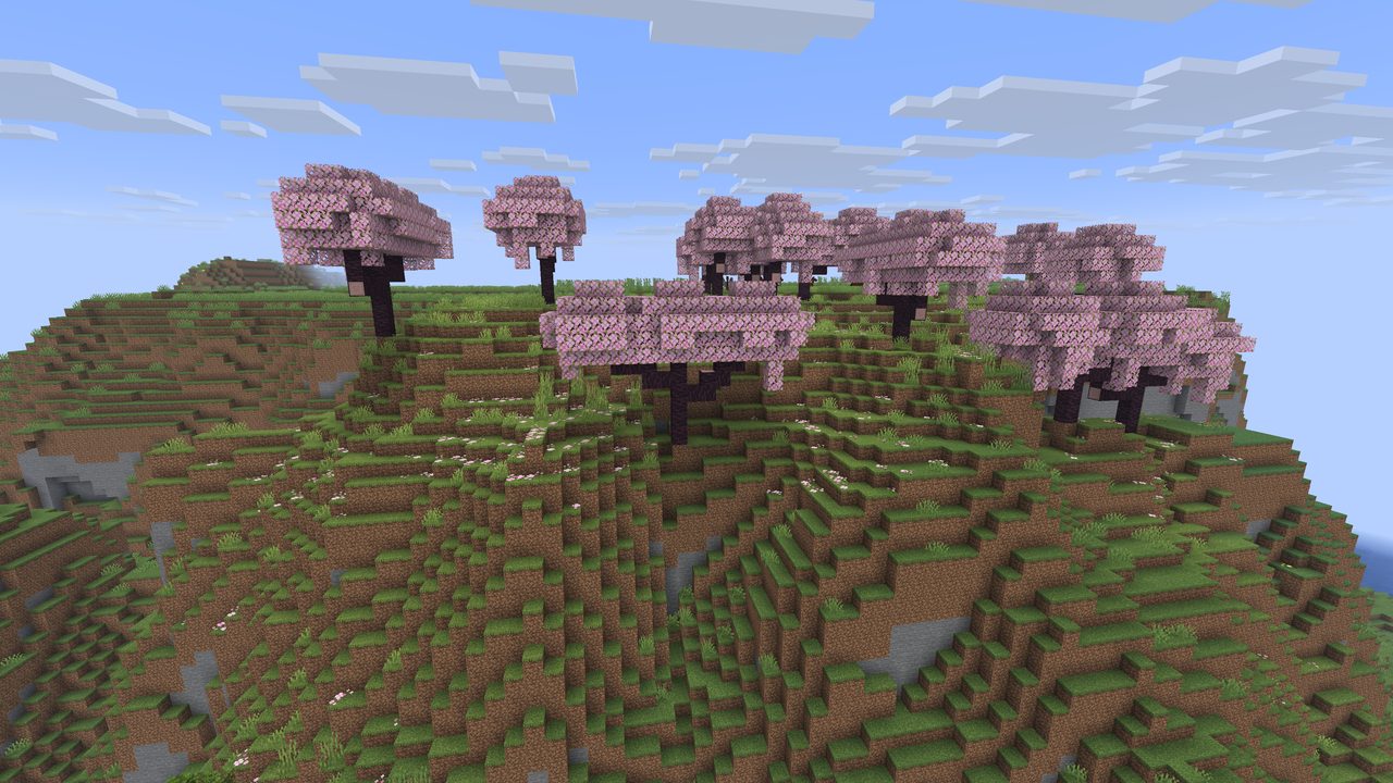 In game: cherry trees on top of a grassy hill.